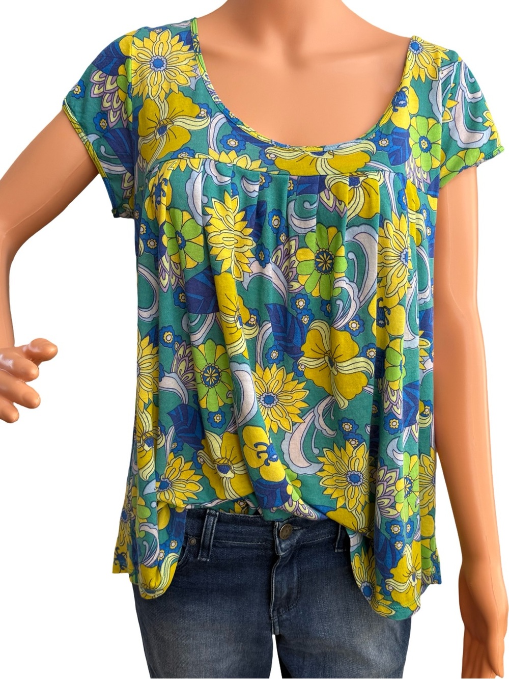 Lucky Brand Blue, Yellow & Green Floral Scoop-Neck Top